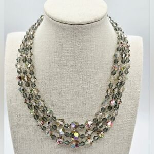 VINTAGE Auroa Borealis Triple Strand Tiered Necklace Smokey Gray